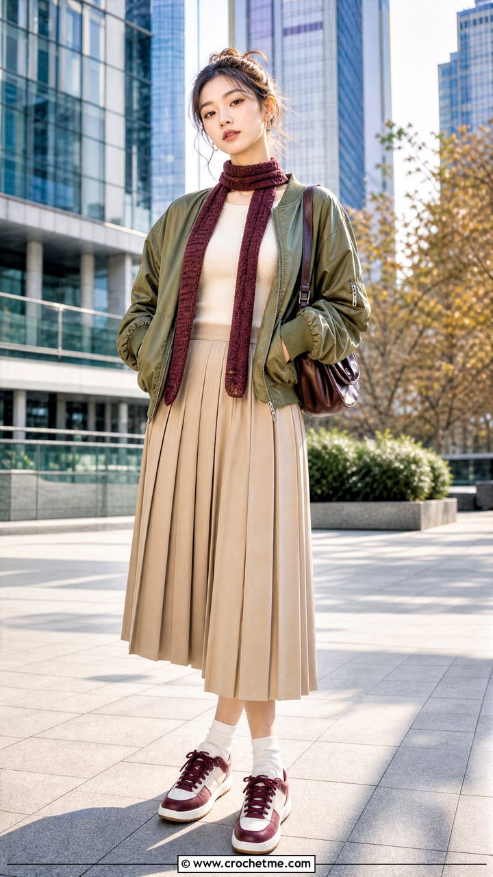 Crochet Scarf With Bomber Jacket And Pleated Skirt - 35 crochet scarf outfit ideas
