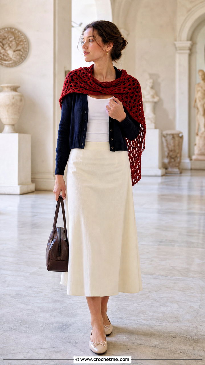 Crochet Scarf With Cardigan And Midi Skirt - 35 crochet scarf outfit ideas