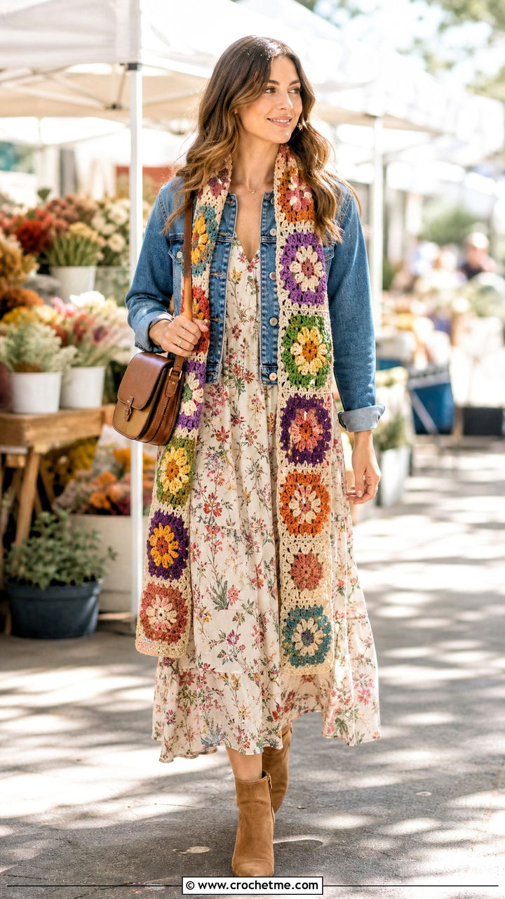 Crochet Scarf With Denim Jacket And Maxi Dress - 35 crochet scarf outfit ideas