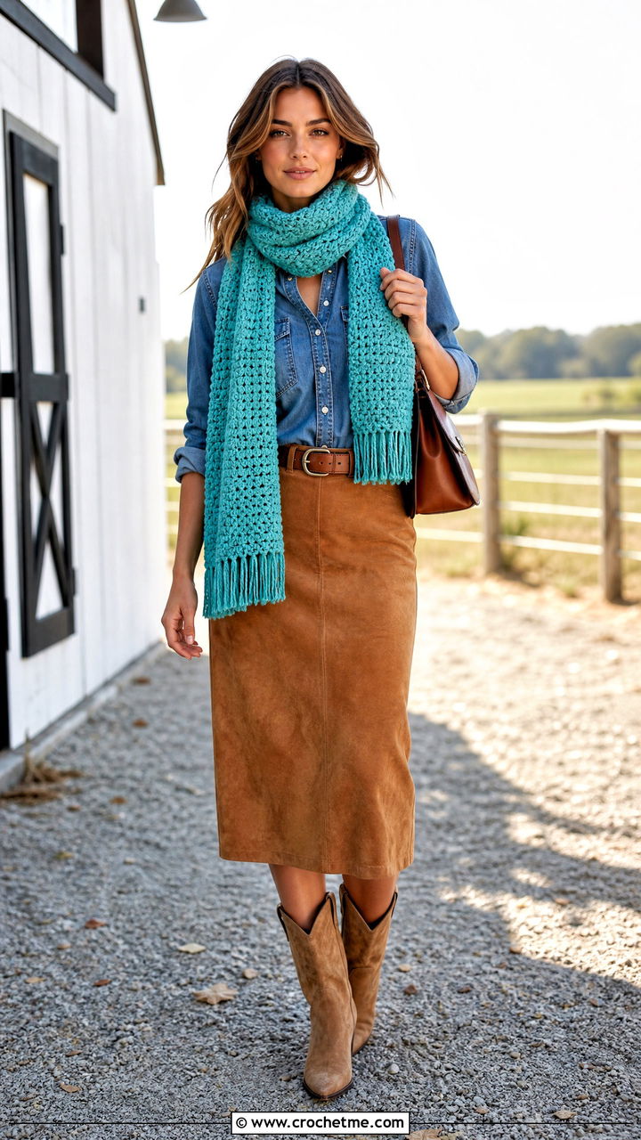 Crochet Scarf With Denim Shirt And Suede Skirt - 35 crochet scarf outfit ideas