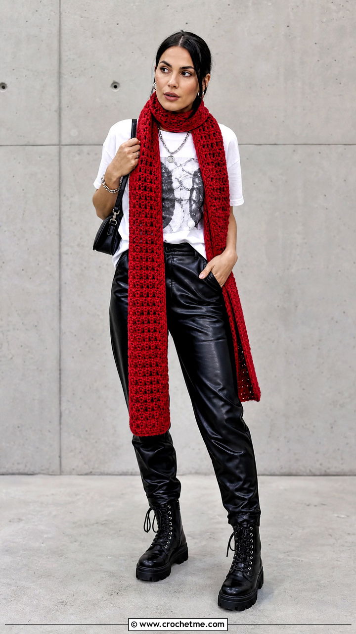 Crochet Scarf With Graphic T Shirt And Leather Pants - 35 crochet scarf outfit ideas