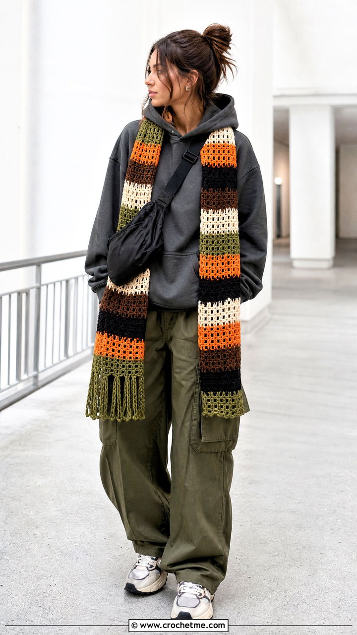 Crochet Scarf With Hoodie And Cargo Pants - 35 crochet scarf outfit ideas