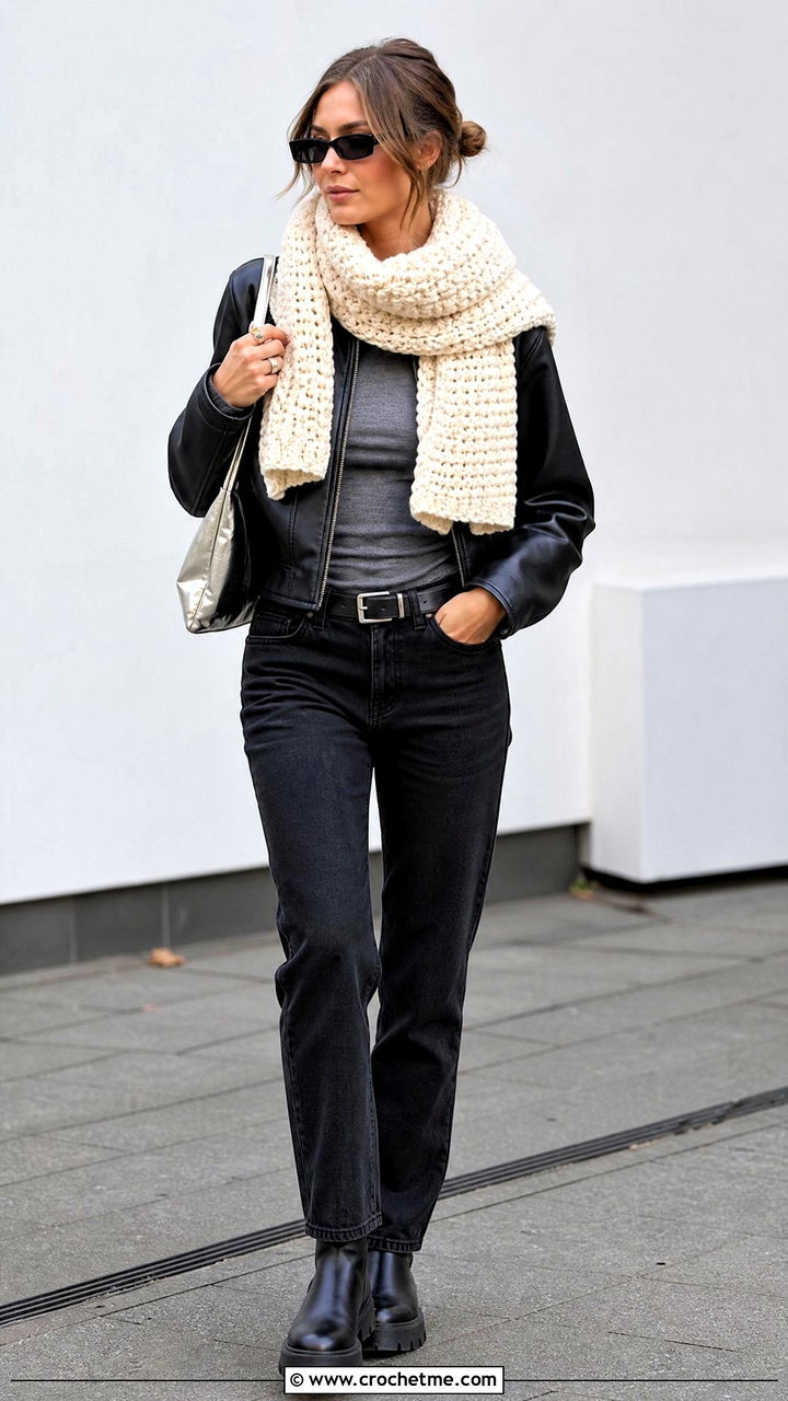 Crochet Scarf With Leather Jacket And Black Jeans - 35 crochet scarf outfit ideas