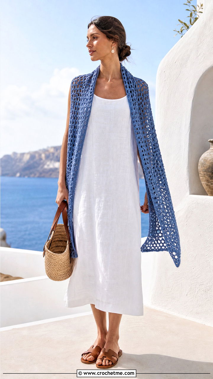 Crochet Scarf With Linen Dress And Flat Sandals - 35 crochet scarf outfit ideas