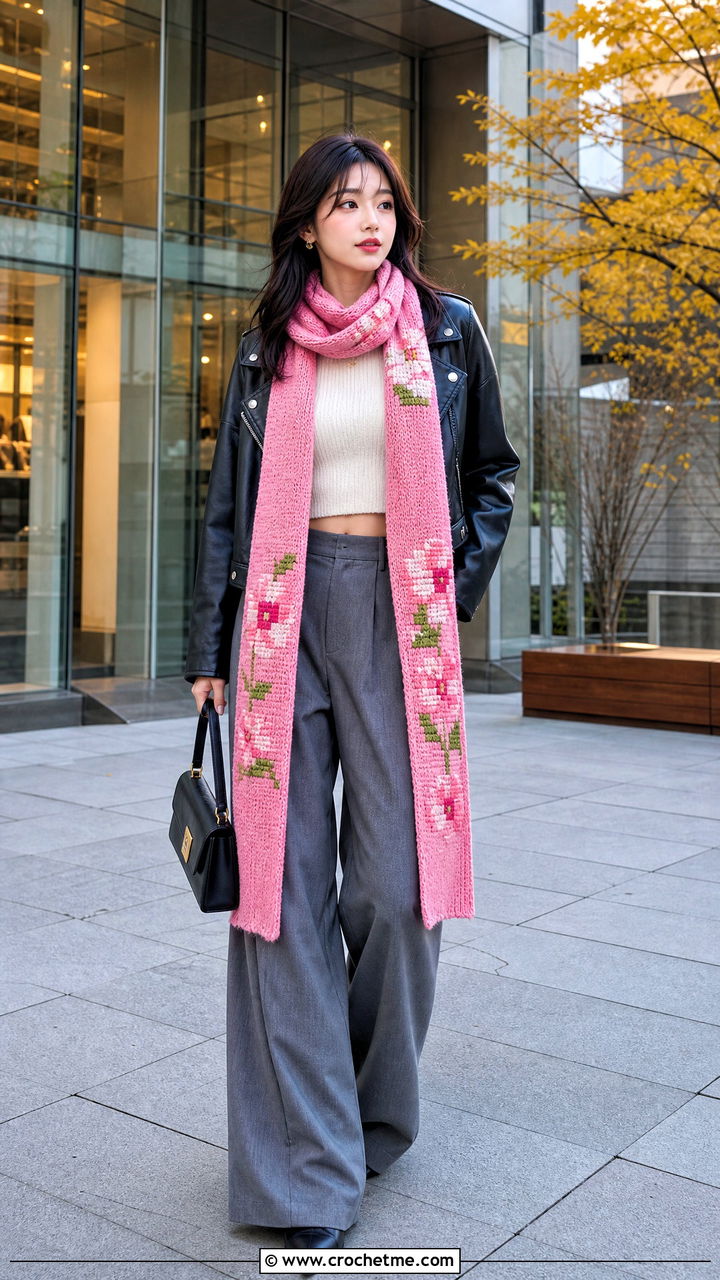 Crochet Scarf With Moto Jacket And Wide Leg Pants - 35 anime crochet clothes and outfit ideas
