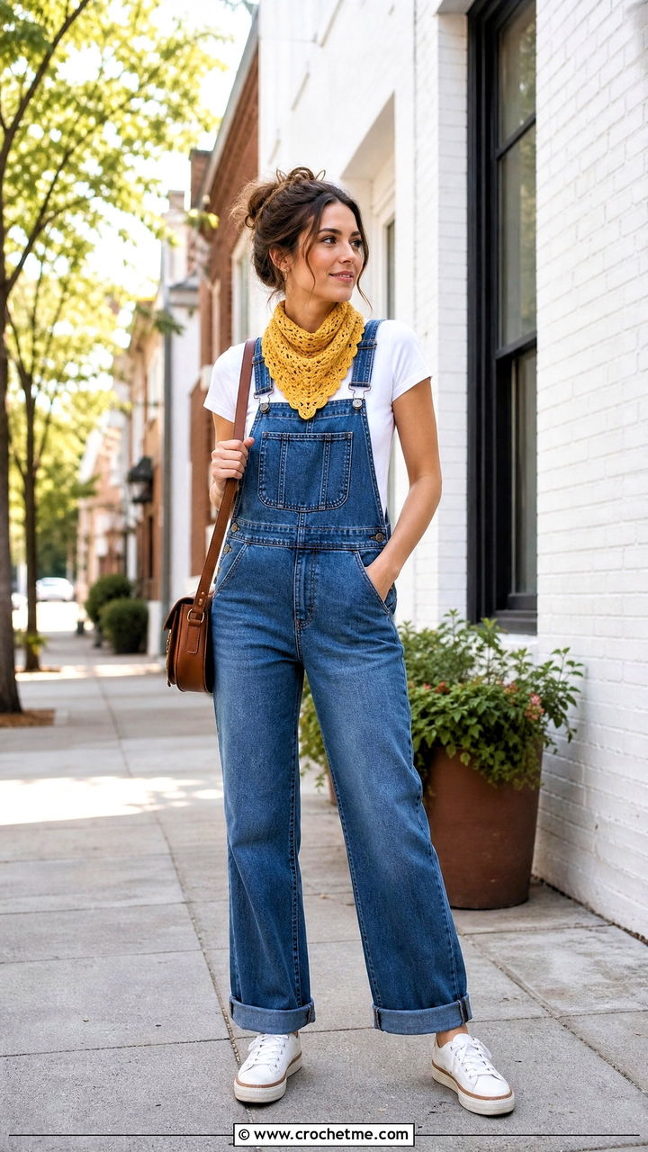 Crochet Scarf With Overalls And Fitted T Shirt - 35 crochet scarf outfit ideas
