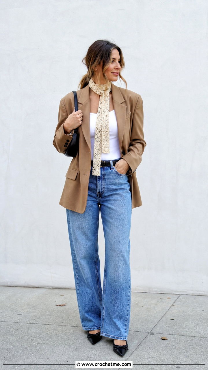 Crochet Scarf With Oversized Blazer And Relaxed Jeans - 35 crochet scarf outfit ideas