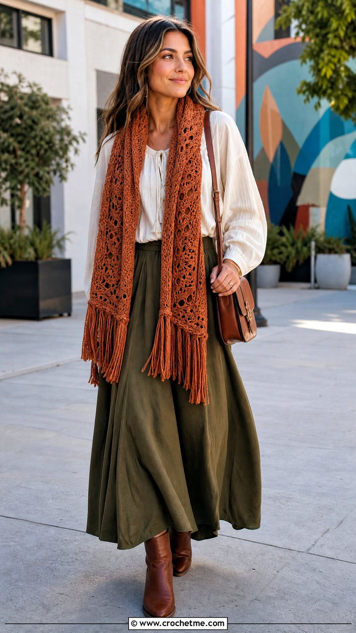 Crochet Scarf With Peasant Blouse And Maxi Skirt - 35 crochet scarf outfit ideas