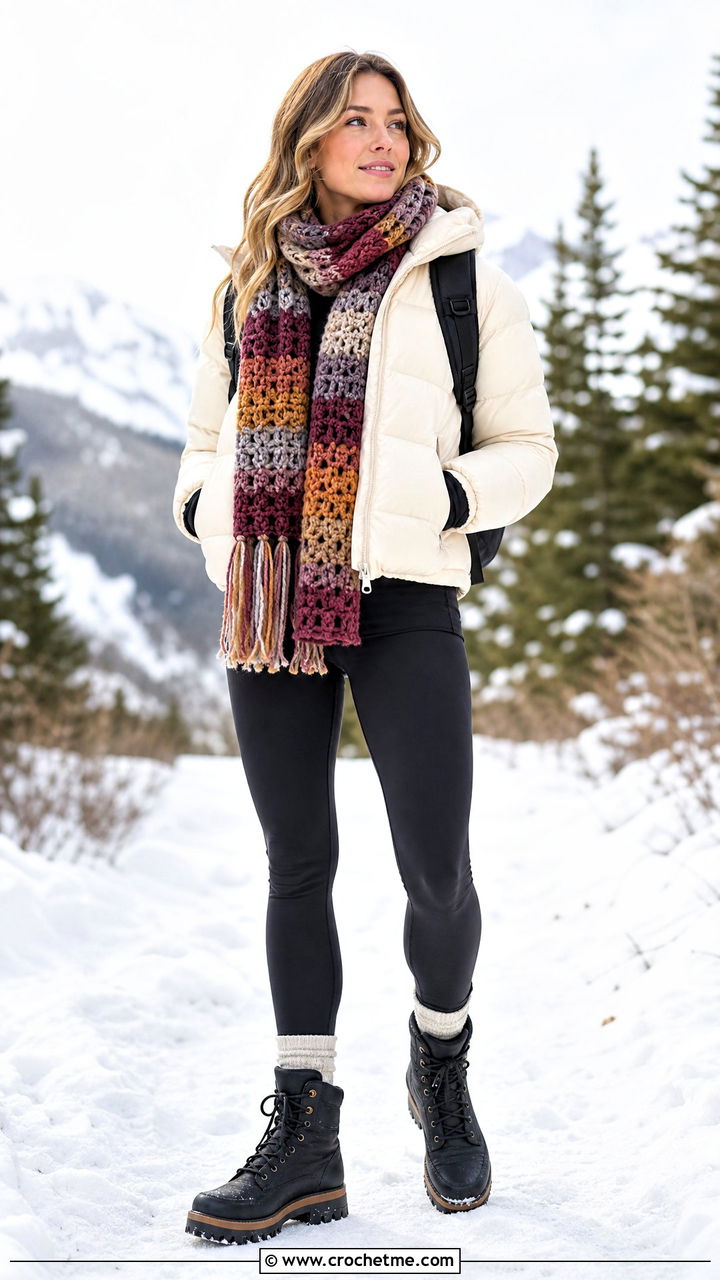 Crochet Scarf With Puffer Jacket And Leggings - 35 crochet scarf outfit ideas