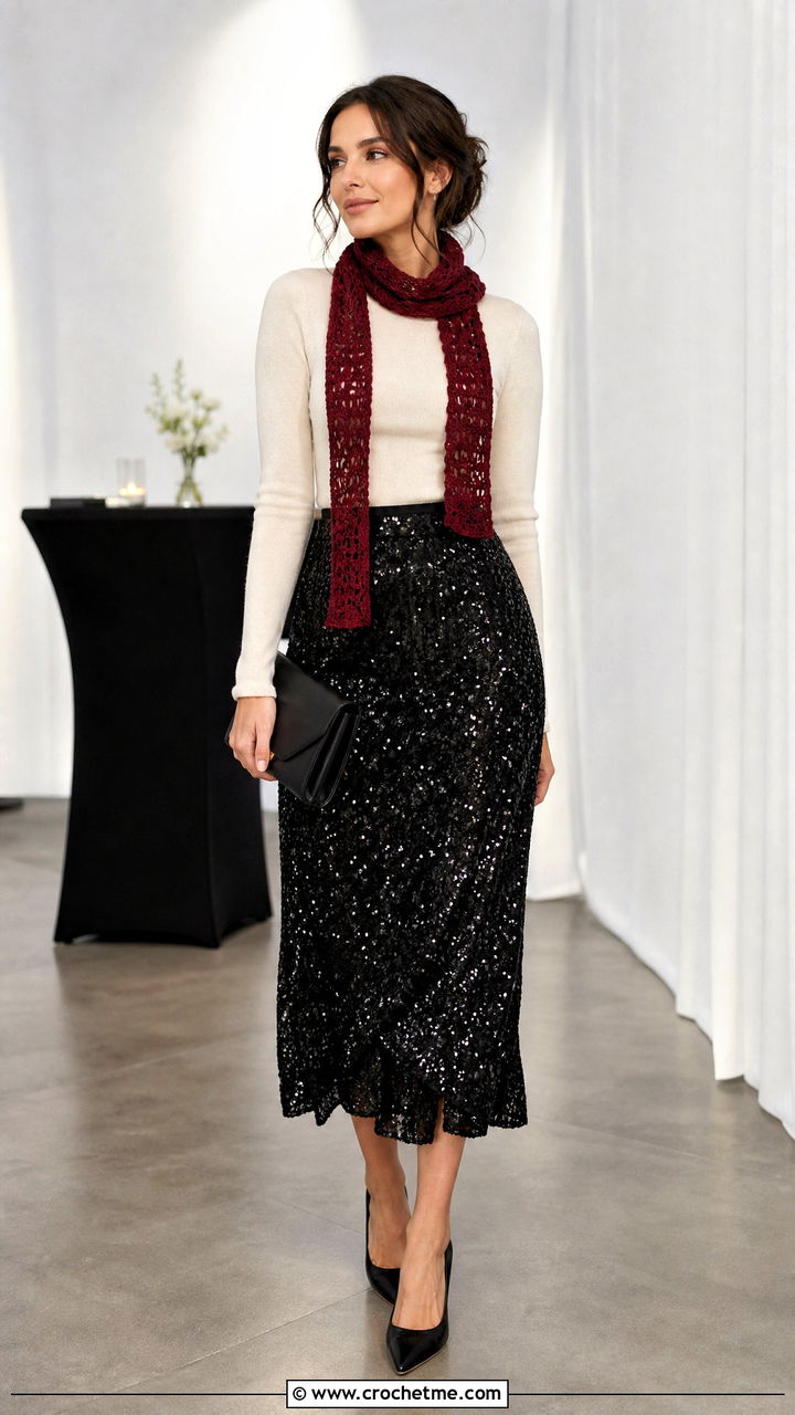 Crochet Scarf With Sequin Skirt And Simple Sweater - 35 crochet scarf outfit ideas