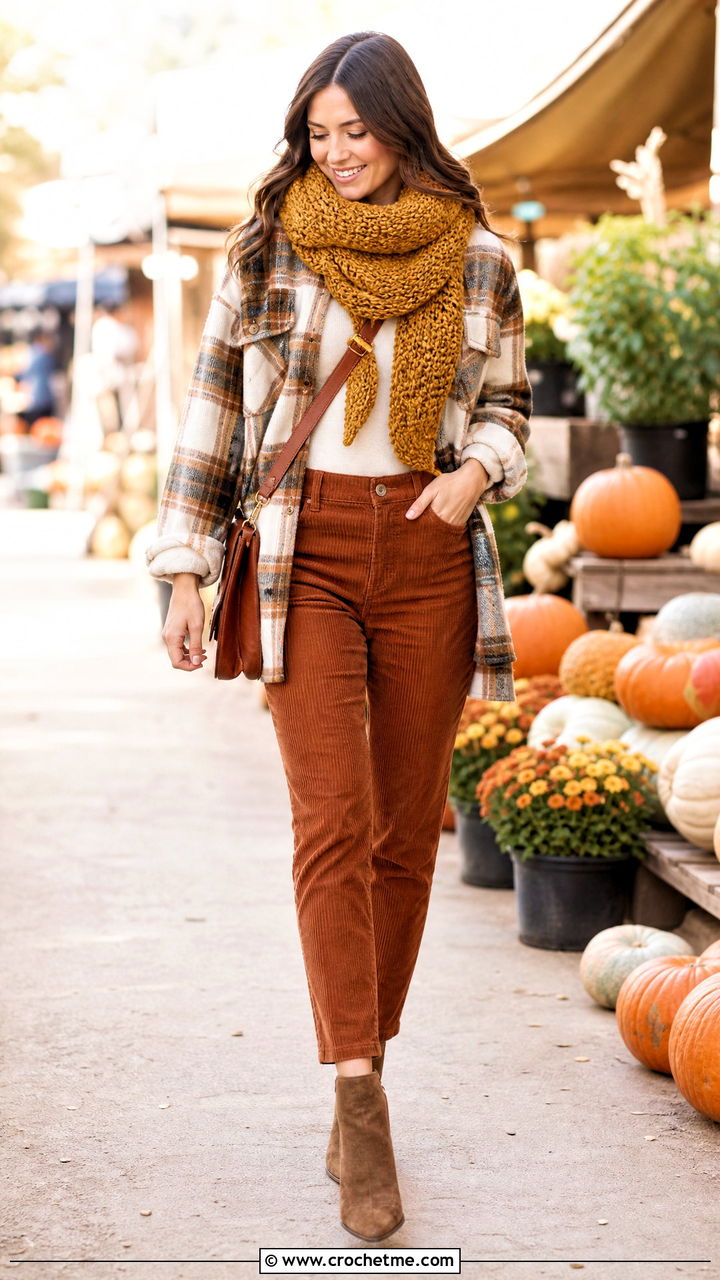 Crochet Scarf With Shacket And Corduroy Pants - 35 crochet scarf outfit ideas