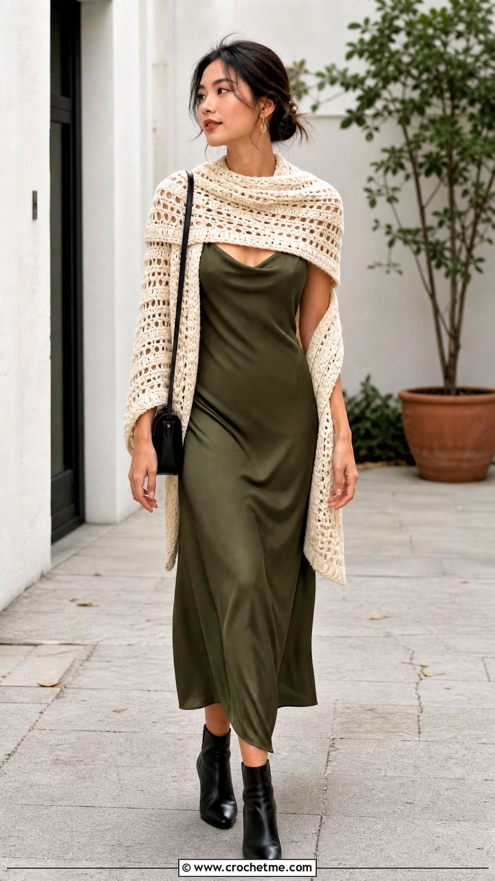 Crochet Scarf With Slip Dress And Ankle Boots - 35 crochet scarf outfit ideas
