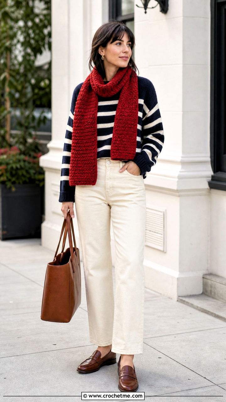 Crochet Scarf With Striped Sweater And Ecru Jeans - 35 crochet scarf outfit ideas