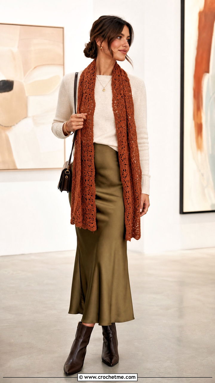 Crochet Scarf With Sweater And Satin Midi Skirt - 35 crochet scarf outfit ideas