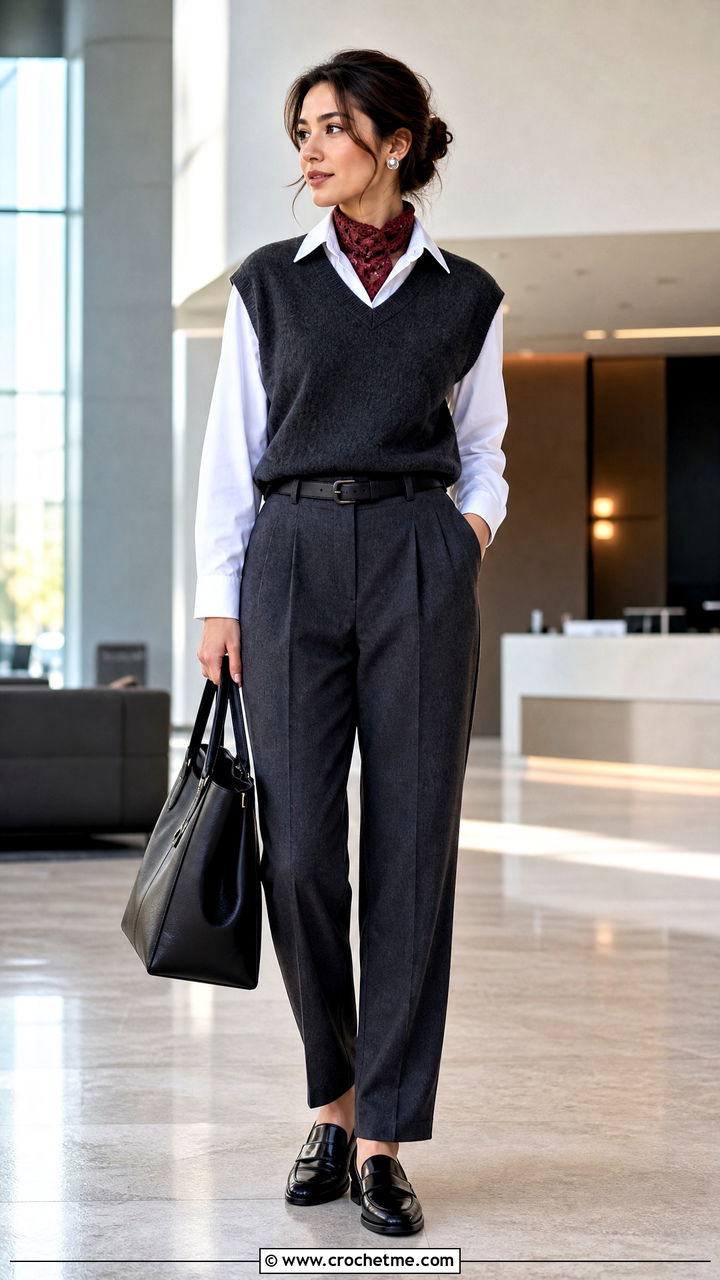 Crochet Scarf With Sweater Vest And Office Trousers - 35 crochet scarf outfit ideas