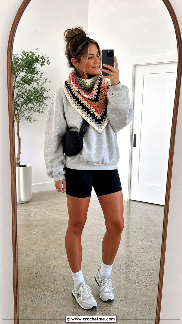 Crochet Scarf With Sweatshirt And Biker Shorts - 35 crochet scarf outfit ideas