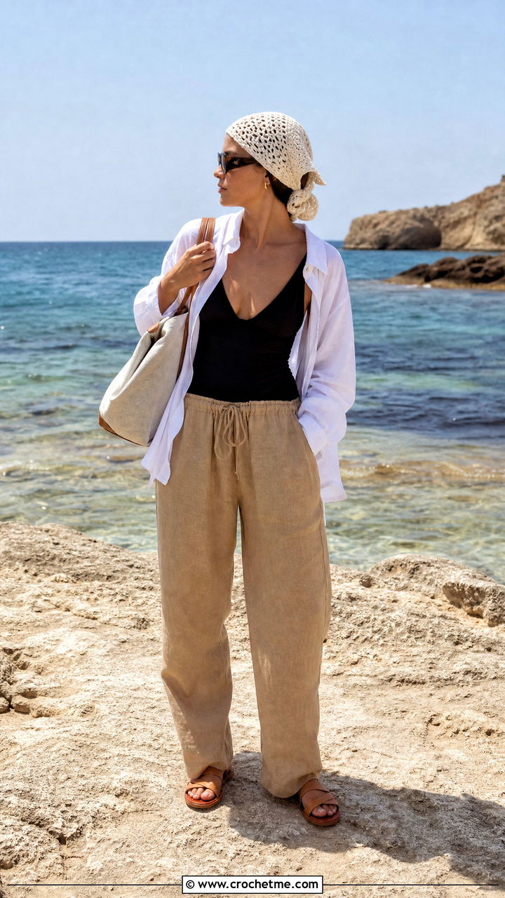 Crochet Scarf With Swimsuit And Linen Pants - 35 crochet scarf outfit ideas