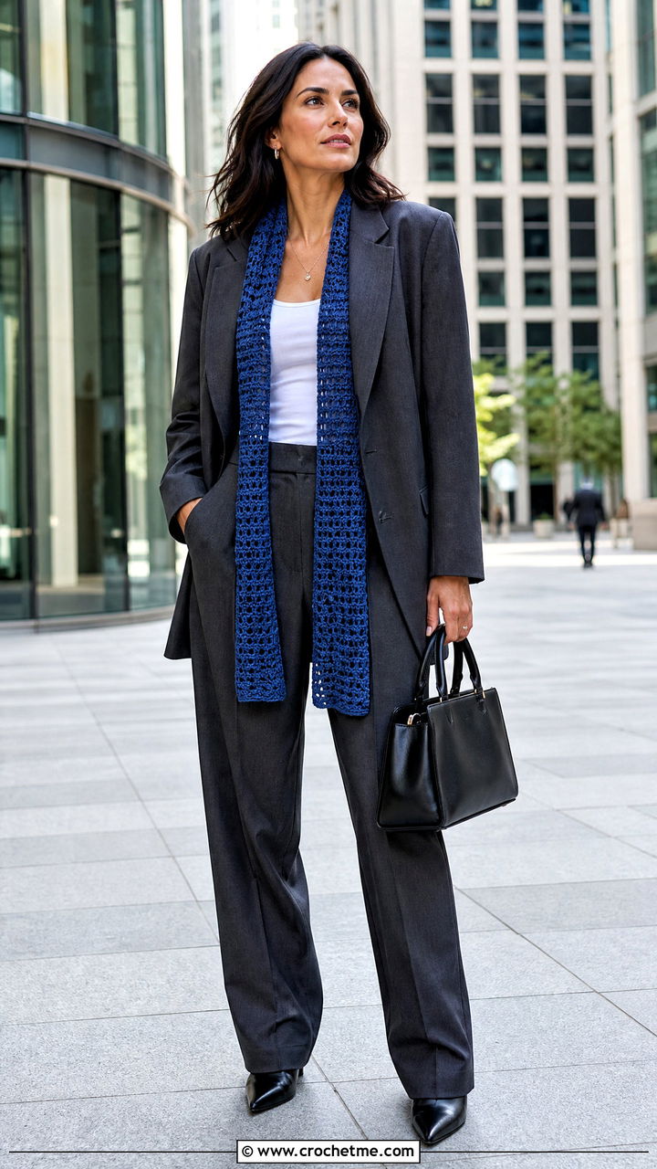 Crochet Scarf With Tailored Suit - 35 crochet scarf outfit ideas