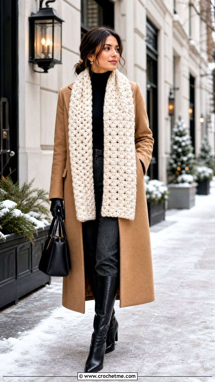Crochet Scarf With Turtleneck And Wool Coat - 35 crochet scarf outfit ideas