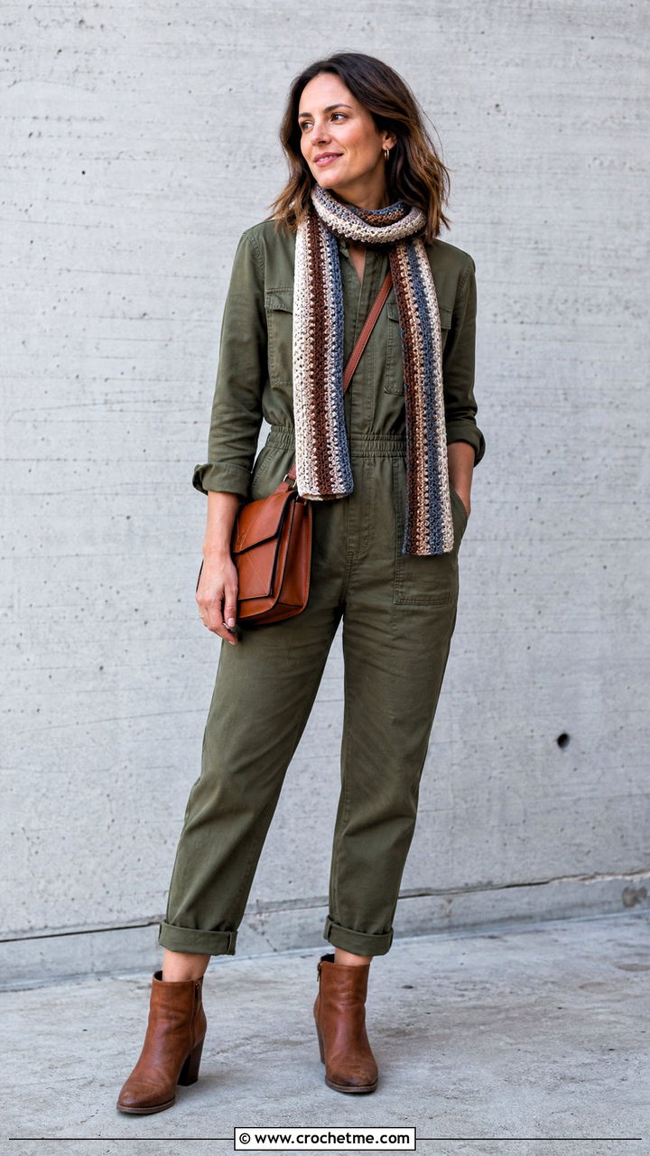 Crochet Scarf With Utility Jumpsuit - 35 crochet scarf outfit ideas