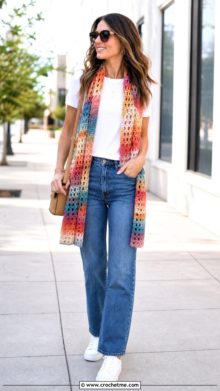 Crochet Scarf With White T Shirt And Straight Leg Jeans - 35 crochet scarf outfit ideas
