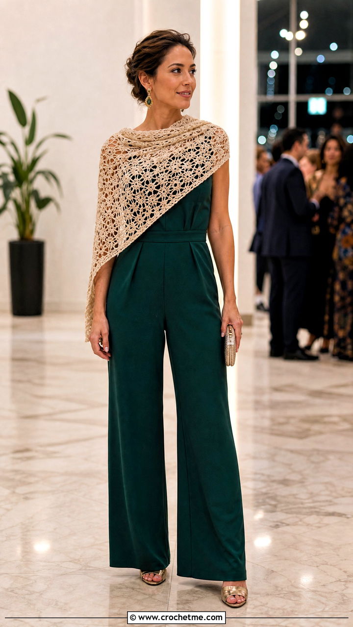 Crochet Scarf With Wide Leg Jumpsuit And Heels - 35 crochet scarf outfit ideas