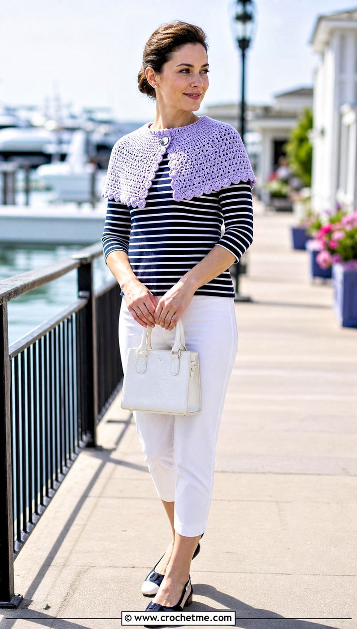Crochet Scarflette With Boat Neck Top And Capri Pants - 25 Crochet Fun Scarf outfit ideas