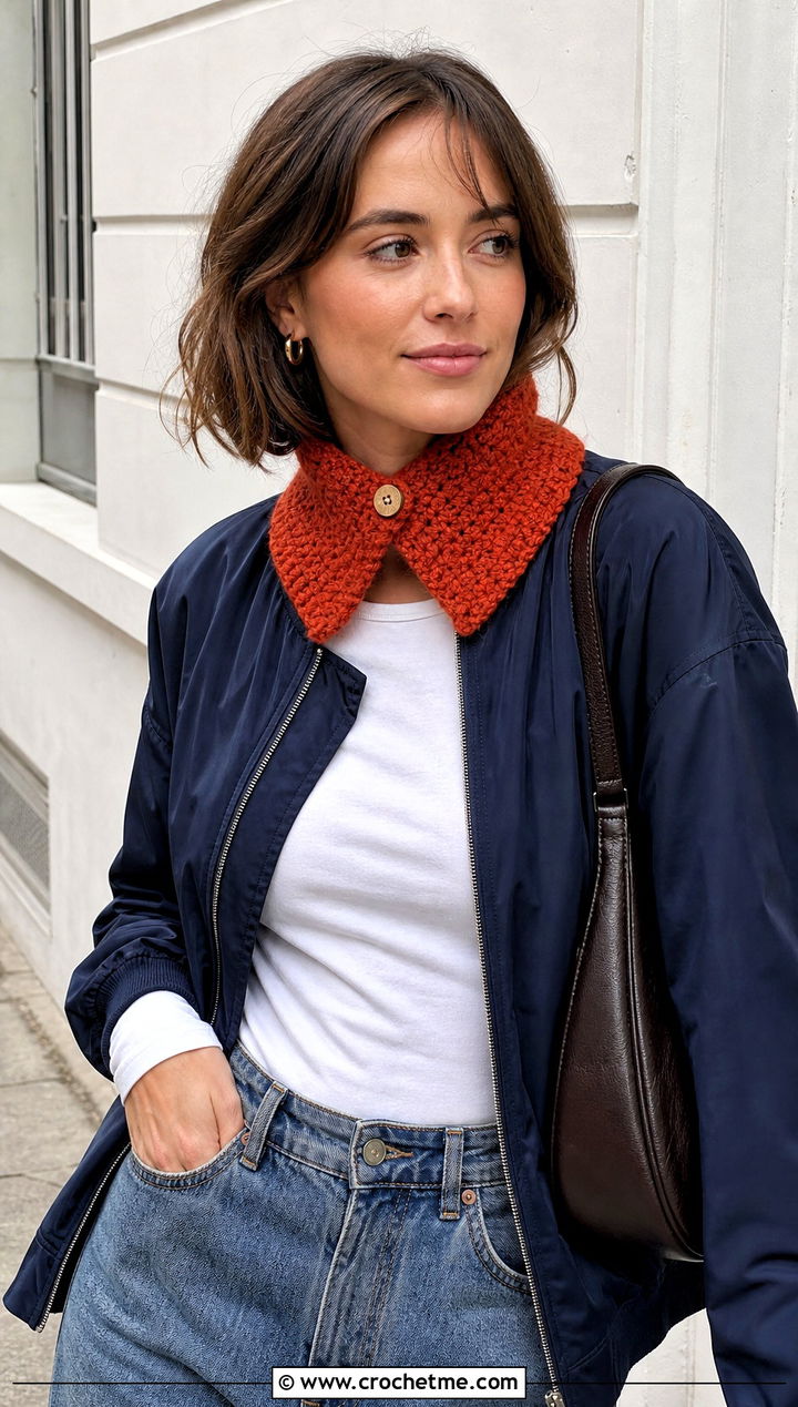 Crochet Scarflette With Bomber Jacket And Barrel Jeans - 30 easy crochet scarfs outfit ideas
