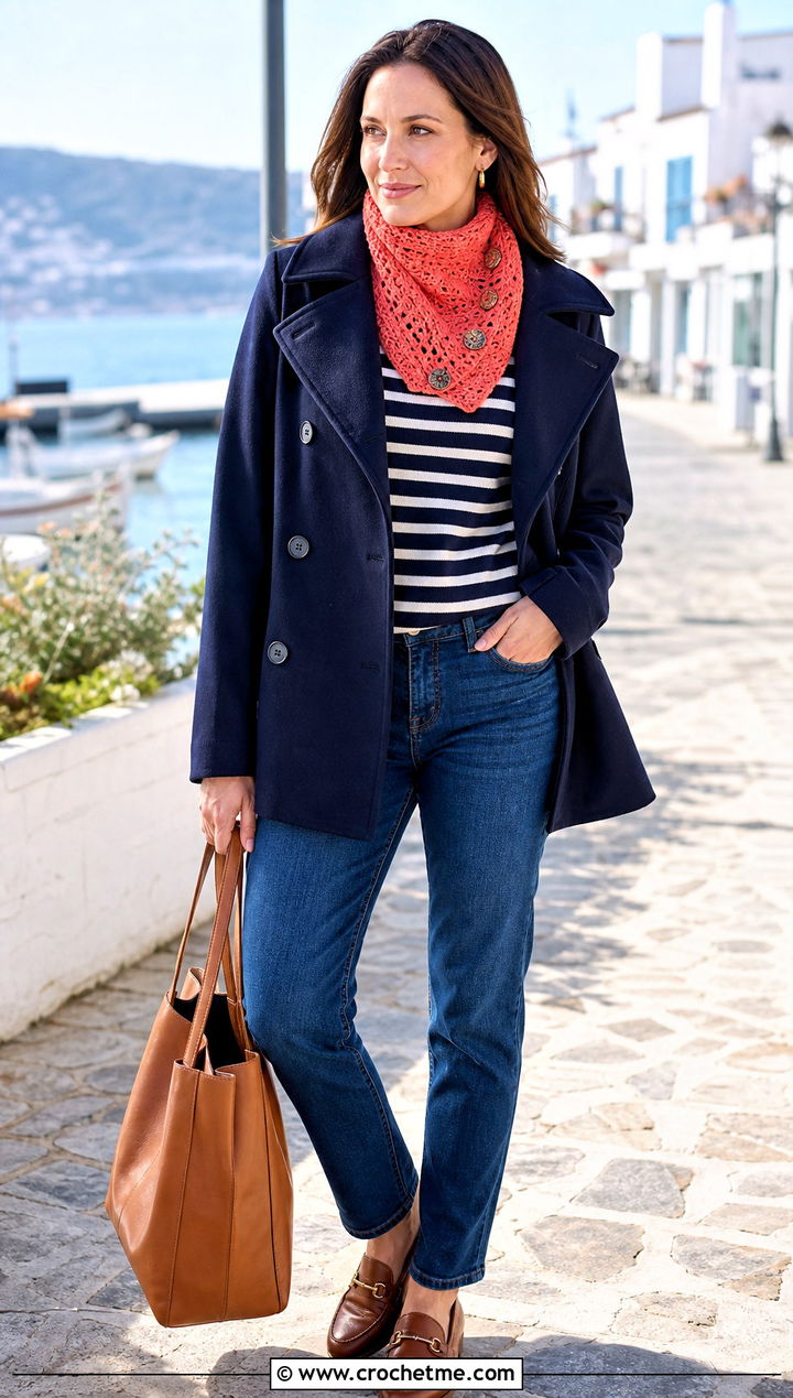 Crochet Scarflette With Peacoat And Straight Jeans - 25 pretty crochet scarf outfit ideas