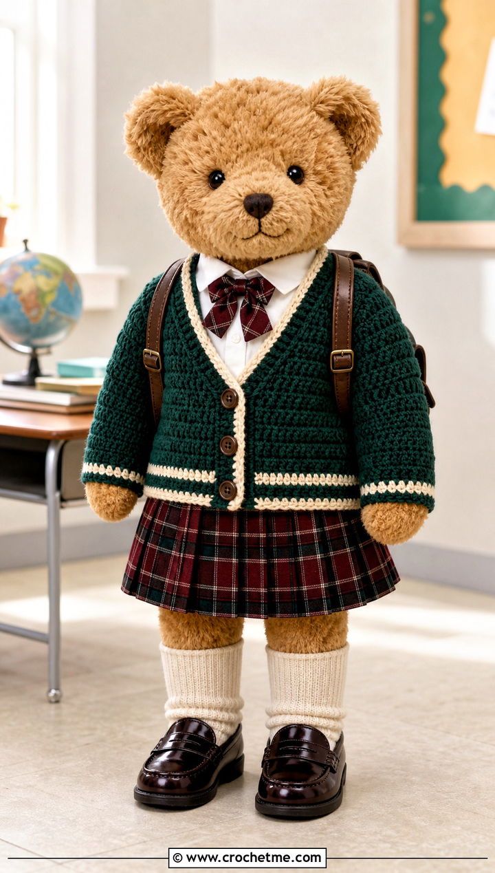 Crochet School Cardigan With Plaid Skirt - 35 crochet teddy clothes and outfit ideas