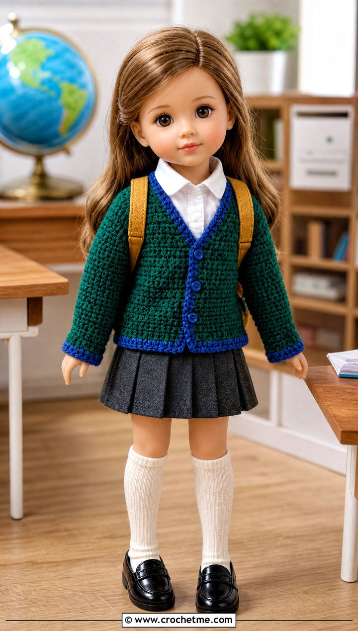 Crochet School Cardigan With Pleated Skirt - 25 Crochet Small Doll Clothes and outfit ideas