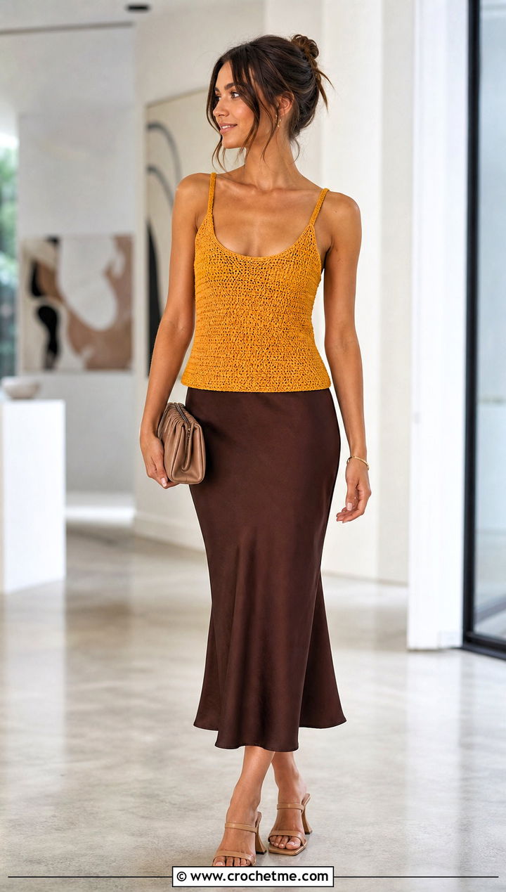 Crochet Scoop Neck Camisole Top With Bias Cut Skirt - 30 crochet scoop neck top outfit ideas