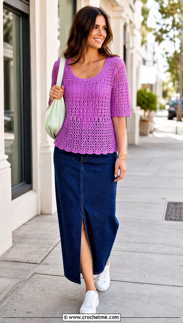 Crochet Scoop Neck Top With Denim Maxi Skirt - 25 crochet top not cropped outfit ideas
