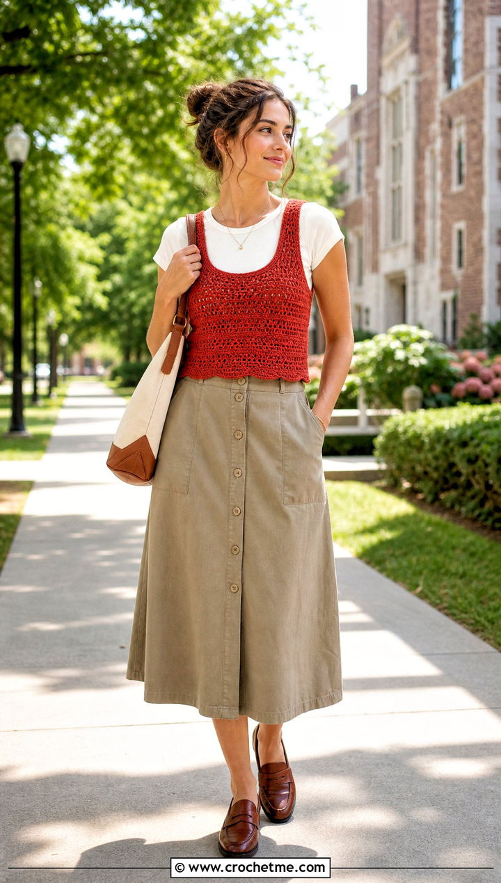 Crochet Scoop Neck Vest Top With Button Front Skirt - 30 crochet scoop neck top outfit ideas