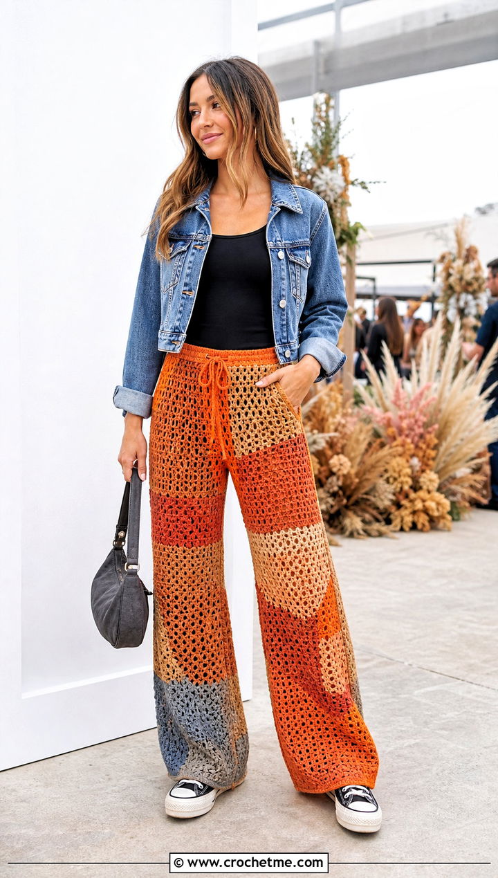 Crochet Scrap Yarn Pants With Black Tank - 35 Crochet Grunge Clothes and outfit ideas