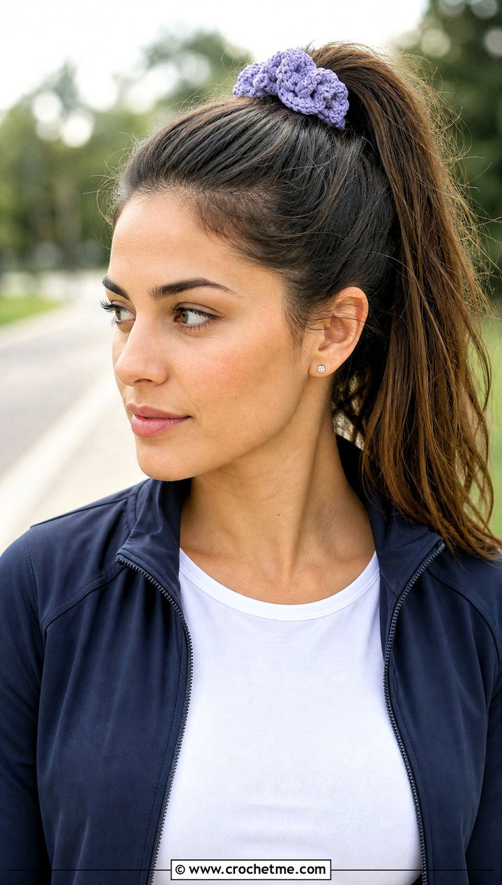 Crochet Scrunchie With Sporty Jacket Outfit - 25 Small Crochet Projects Clothes and outfit ideas