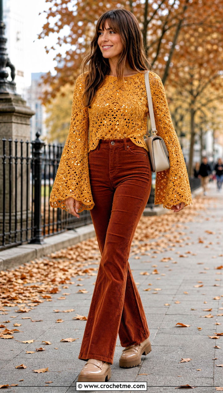 Crochet Sequin Bell Sleeve Top With Corduroy Pants - 35 crochet sequin top outfit ideas