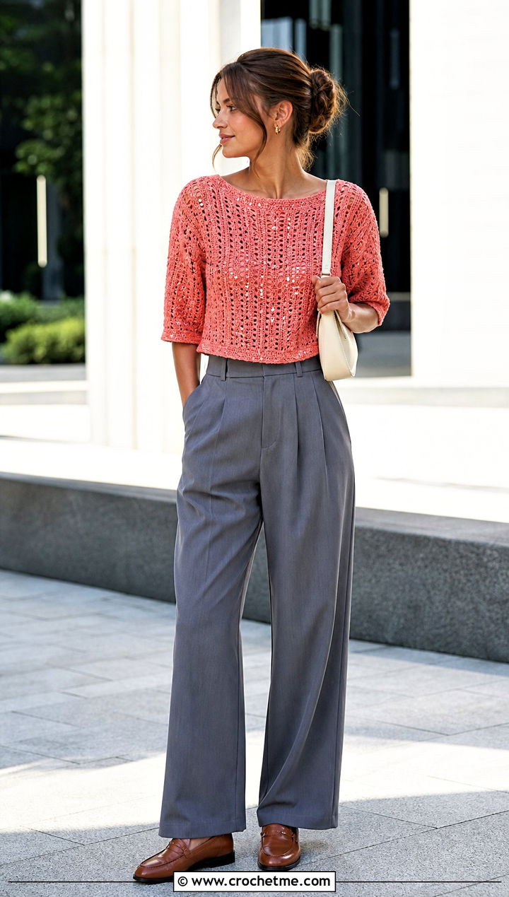 Crochet Sequin Boat Neck Top With Pleated Pants - 35 crochet sequin top outfit ideas