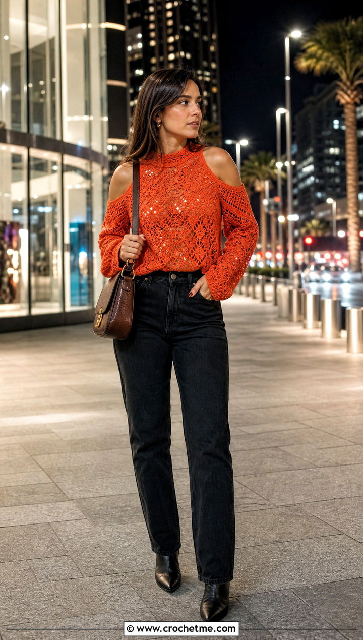 Crochet Sequin Cold Shoulder Top With Black Jeans - 35 crochet sequin top outfit ideas