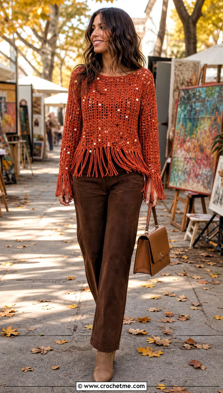 Crochet Sequin Fringe Top With Suede Pants - 35 crochet sequin top outfit ideas