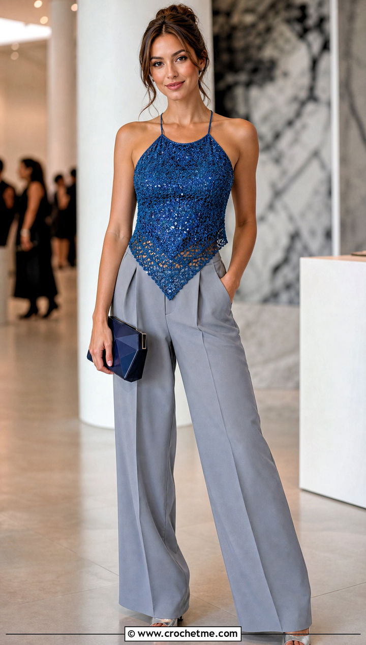 Crochet Sequin Handkerchief Top With Suit Pants - 35 crochet sequin top outfit ideas