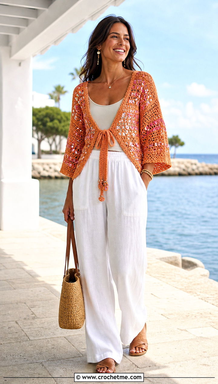 Crochet Sequin Tie Front Top With Linen Pants - 35 crochet sequin top outfit ideas