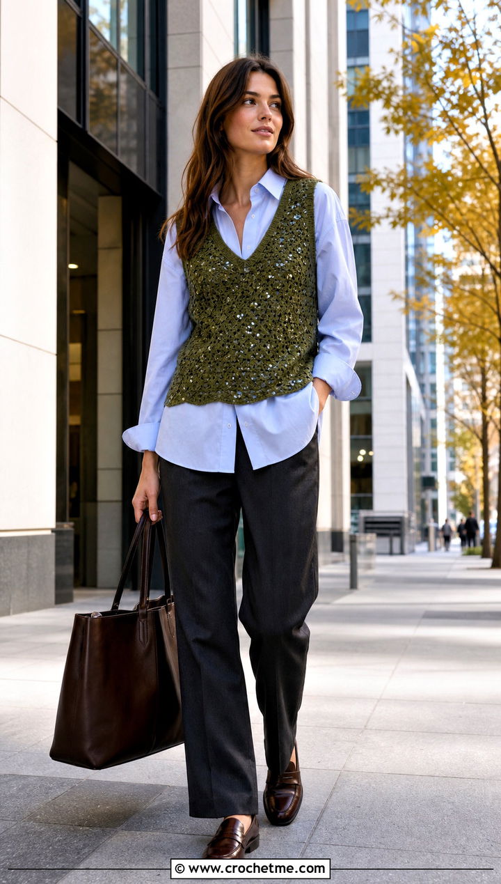 Crochet Sequin Vest Top With Button Down Shirt - 35 crochet sequin top outfit ideas