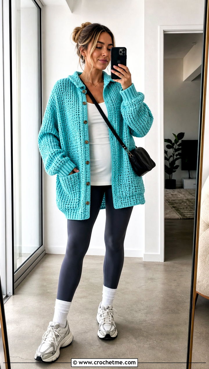 Crochet Shacket With Leggings And Sneakers - 15 crochet vest coats & jackets outfit ideas