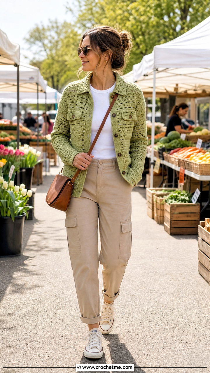 Crochet Shacket With Utility Pants - 35 easy crochet jacket outfit ideas