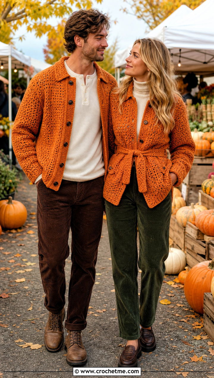 Crochet Shackets With Corduroy Pants - 30 couples crochet outfit ideas