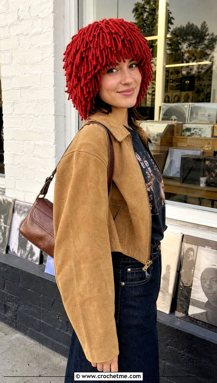 Crochet Shag Wig Hat With Band Tee And Denim Maxi Skirt - 20 Crochet Wig Hat outfit ideas