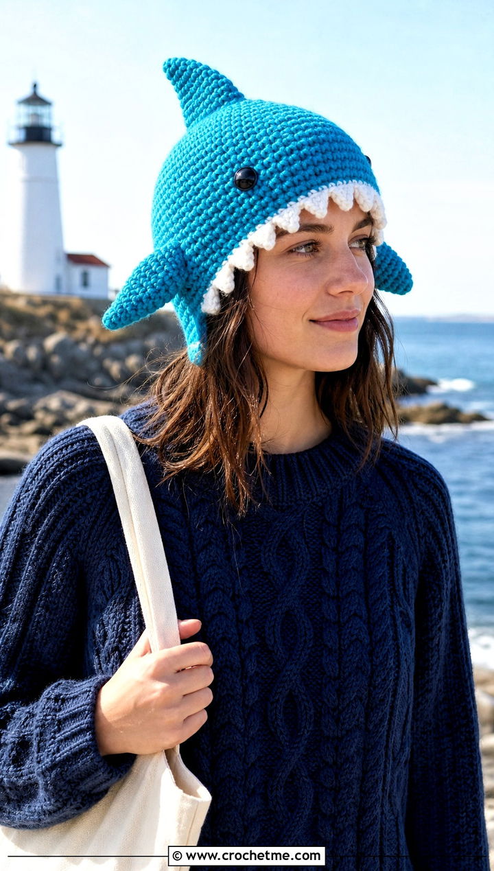 Crochet Shark Amigurumi Hat With Coastal Layers - 30 crochet amigurumi hat outfit ideas
