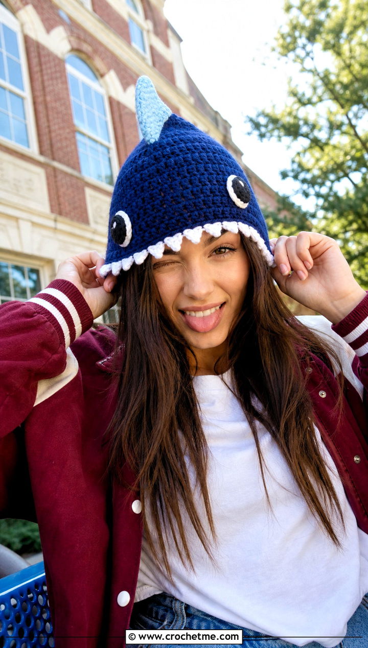 Crochet Shark Fin Hat With Varsity Jacket - 20 Crochet Character Hat outfit ideas