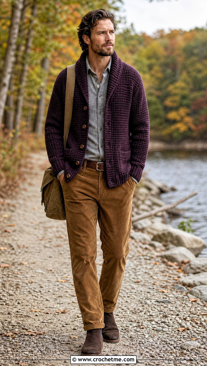 Crochet Shawl Collar Cardigan With Corduroy Pants - 15 Crochet Mens Sweaters outfit ideas